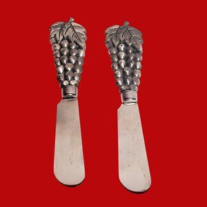 Vintage Pewter Grapes Handle Cheese Spreaders Set of  2